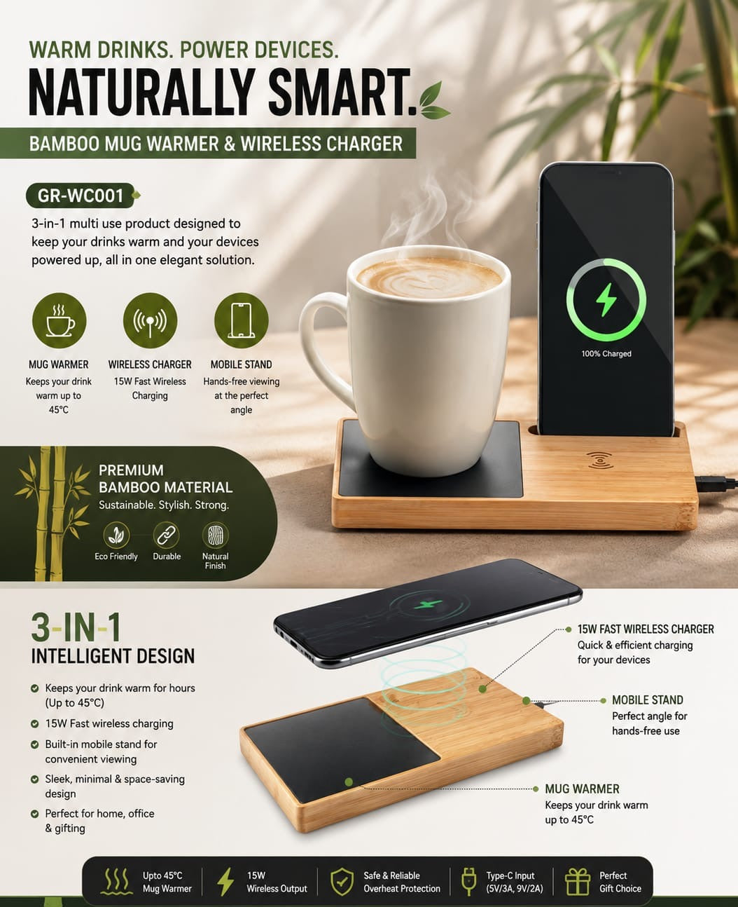 Personalised Bamboo Mug Warmer & Wireless Charger