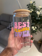 Best Teacher Ever Personalised Glass Cup, Bamboo Lid + Straw
