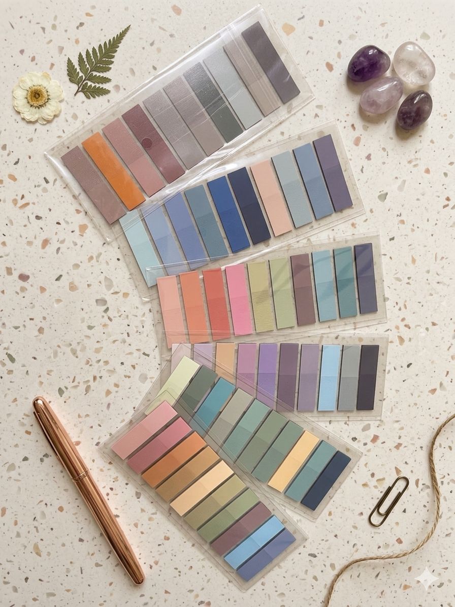 Set of color swatch cards on a textured surface with decorative elements.