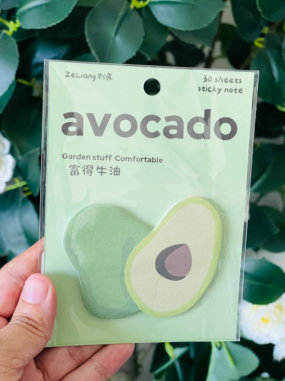 A hand holds a package of avocado-shaped sticky notes in front of green foliage. The packaging is light green with the word 'avocado' and shows two avocado illustrations, one whole and one sliced.