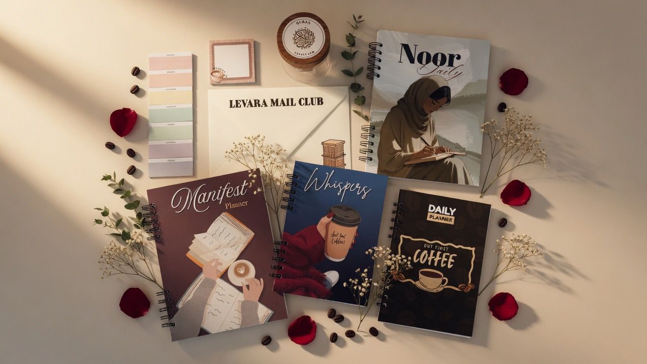 collection of levara products, books, mail
