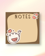 Levara notepad with brown border and cute cartoon character with hearts and NOTES text