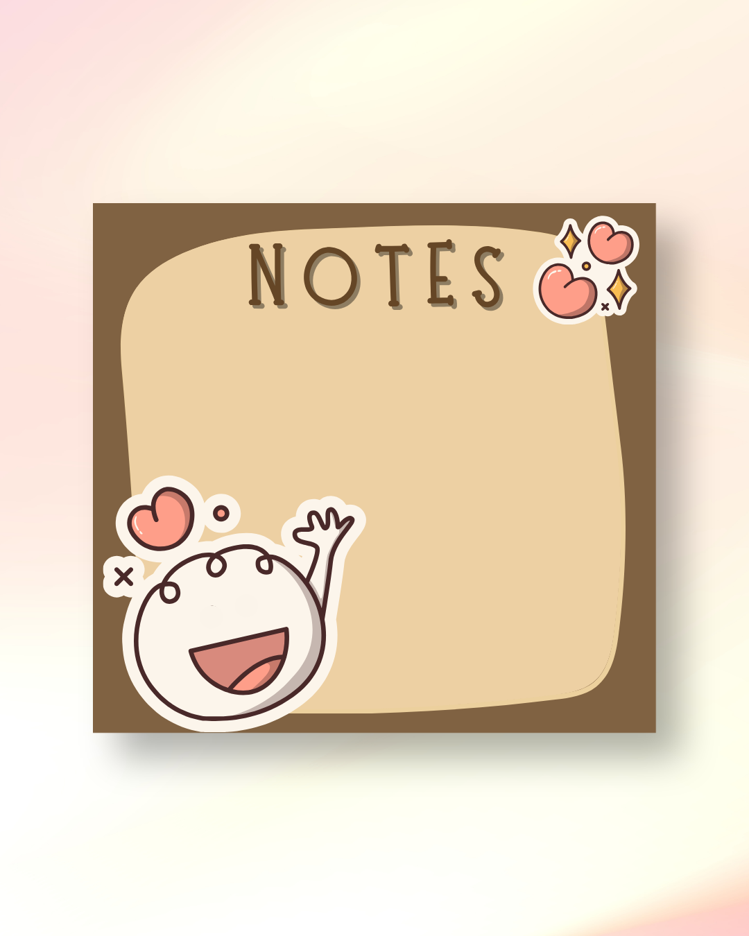 Levara notepad with brown border and cute cartoon character with hearts and NOTES text