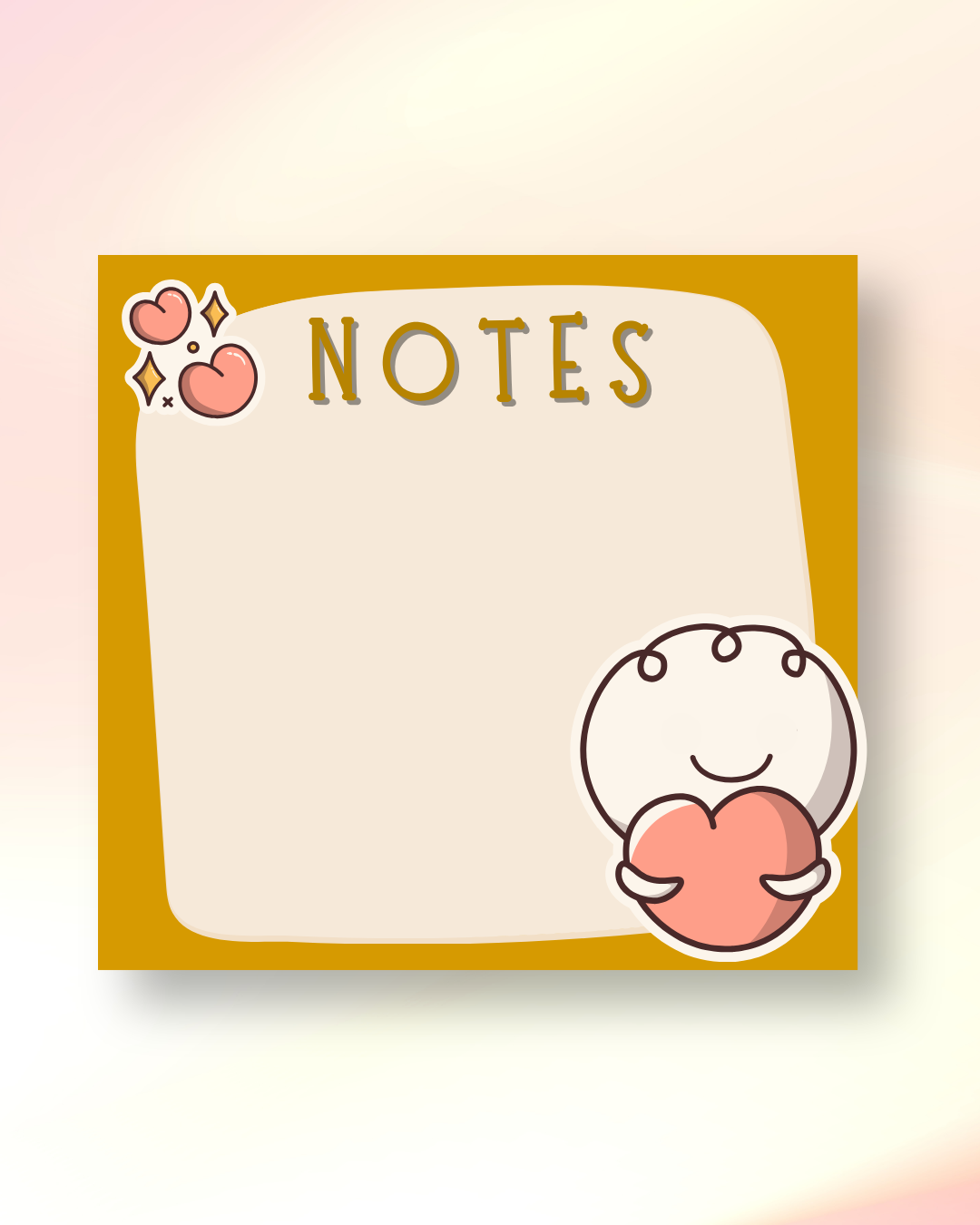 Levara notepad with cute character holding a heart and decorative notes text on yellow background