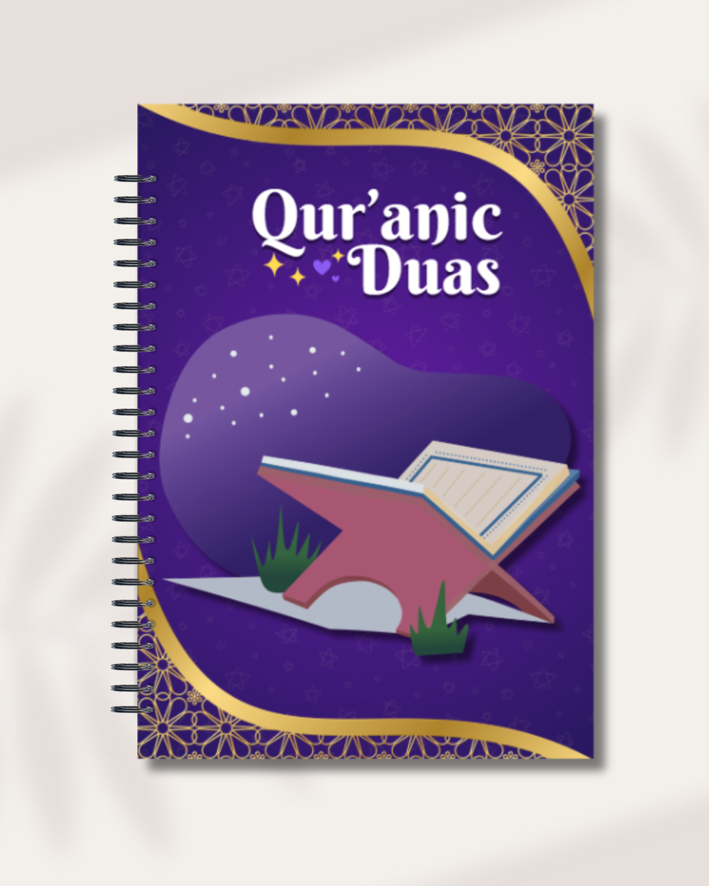 Levara Qur'anic Duas spiral notebook with decorative purple and gold cover featuring dua lipa book club