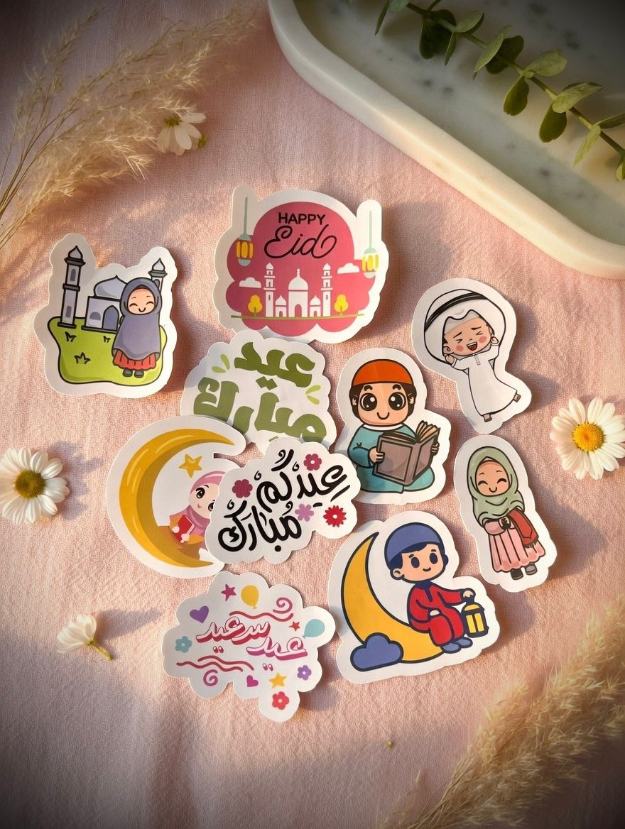 Levara colorful cartoon stickers featuring Eid themes perfect for eid gifts on pink background