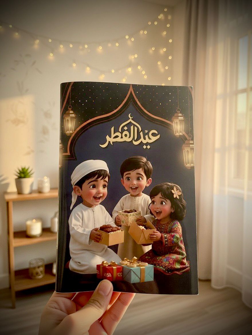 Levara Eid gifts card featuring happy children exchanging presents in festive setting