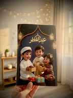 Levara Eid gifts card featuring happy children exchanging presents in festive setting