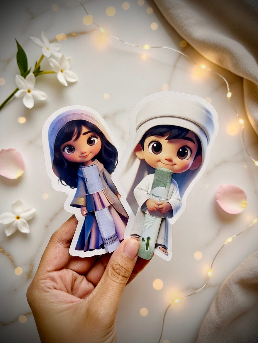 Levara cute cartoon boy and girl stickers perfect for eid gifts with decorative flowers and lights