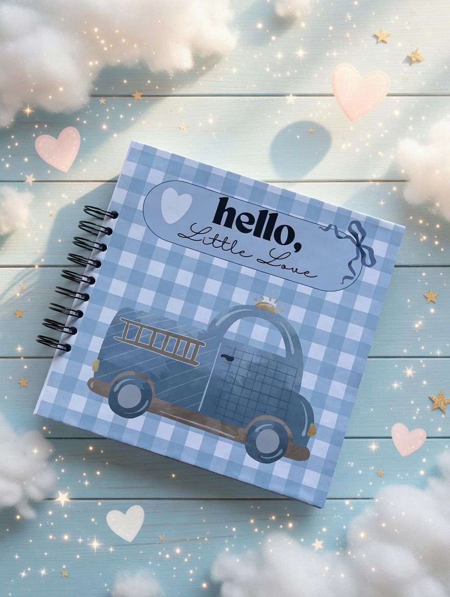 Levara baby book with blue checkered cover featuring a vintage truck and hello little love text