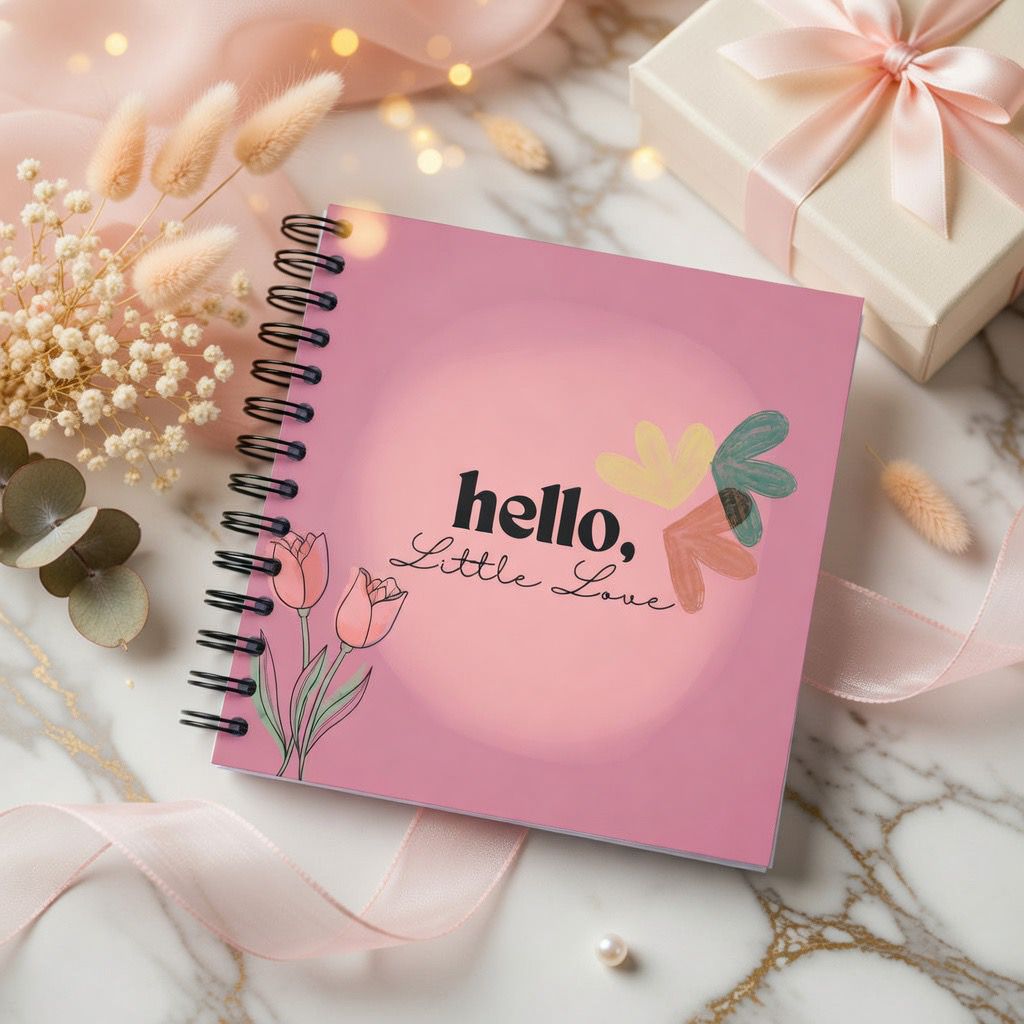 Levara baby book with pink cover reading hello little love decorated with flowers and leaves