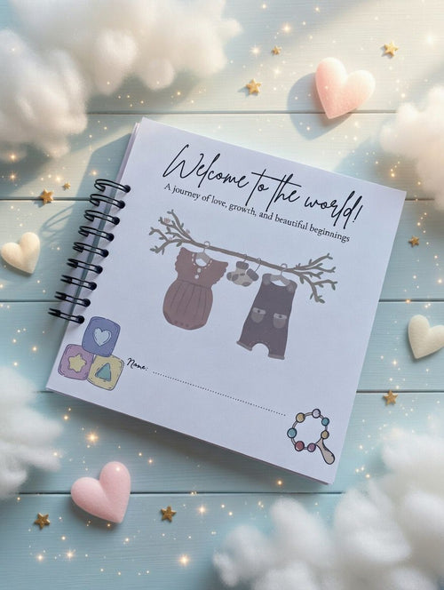 Levara baby book with cute hanging baby clothes illustration and space to write a name