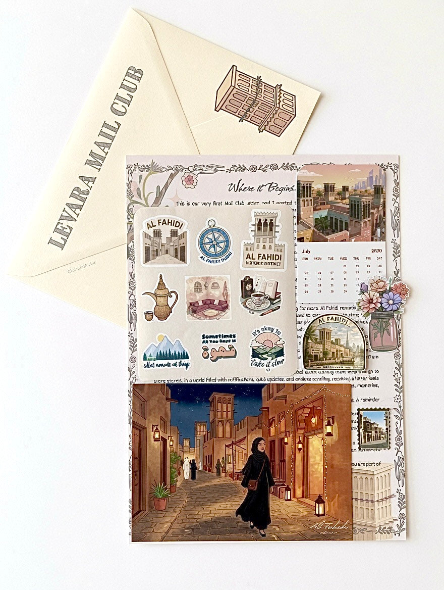Levara Mail Club letterhead with illustrations and an envelope on a white background