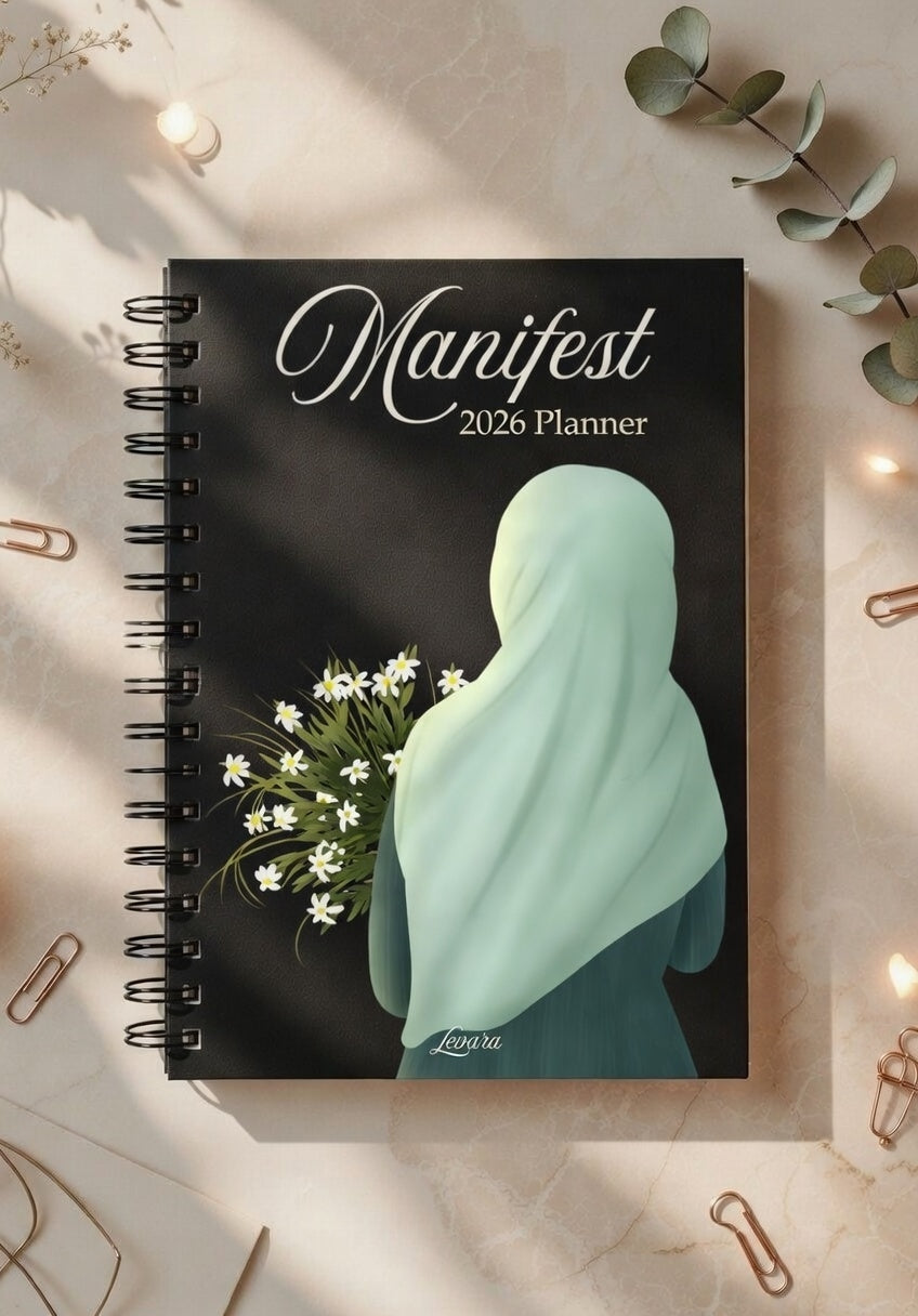 Levara Manifest 2026 Planner with hijab woman illustration on cover productivity planner