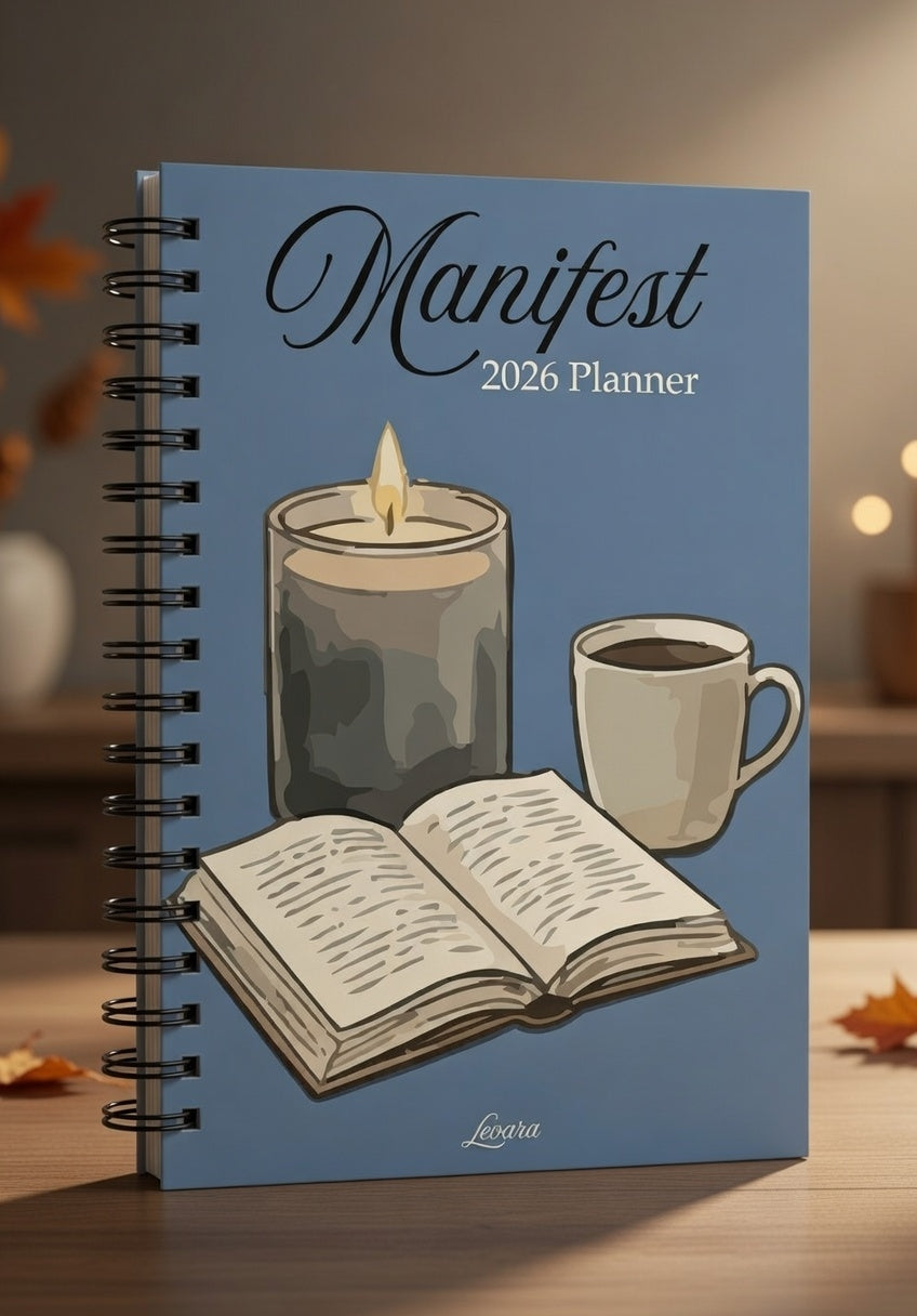 Levara Manifest 2026 productivity planner with candle, coffee cup, and open book illustration on cover