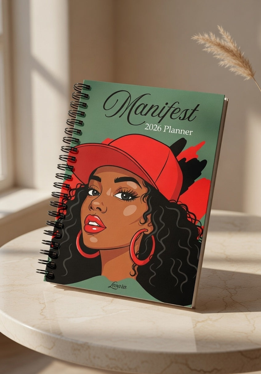 Levara productivity planner 2026 with artistic woman illustration on cover and spiral binding