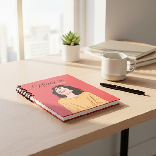 Levara productivity planner with a pink cover and illustration on a wooden desk with pen and coffee cup