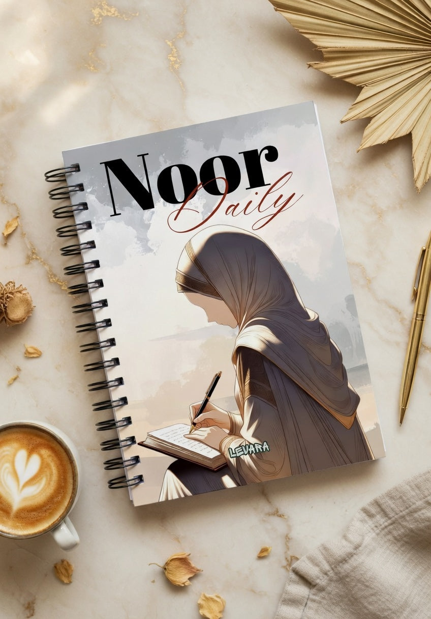 Levara Noor Daily 3 month planner featuring an artistic cover with a woman writing in a notebook
