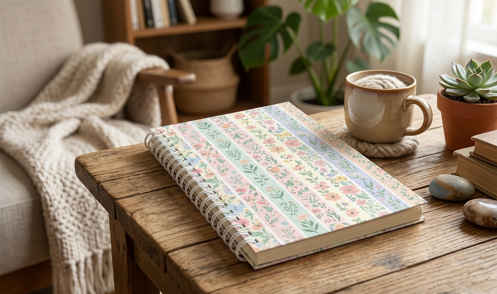 Notebook with floral design on a wooden table with a mug, plants, and books in a cozy room.