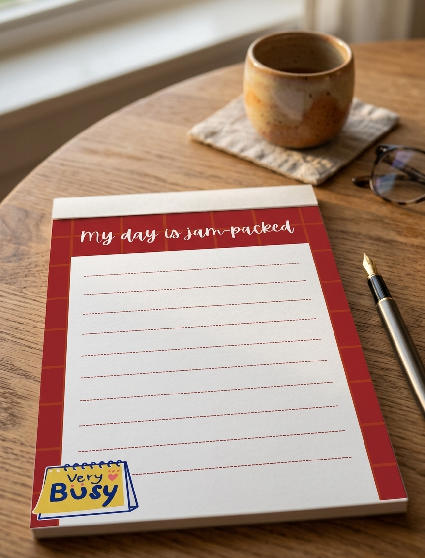 Notepad with 'My day is jam-packed' text on a wooden surface with a cup and glasses.