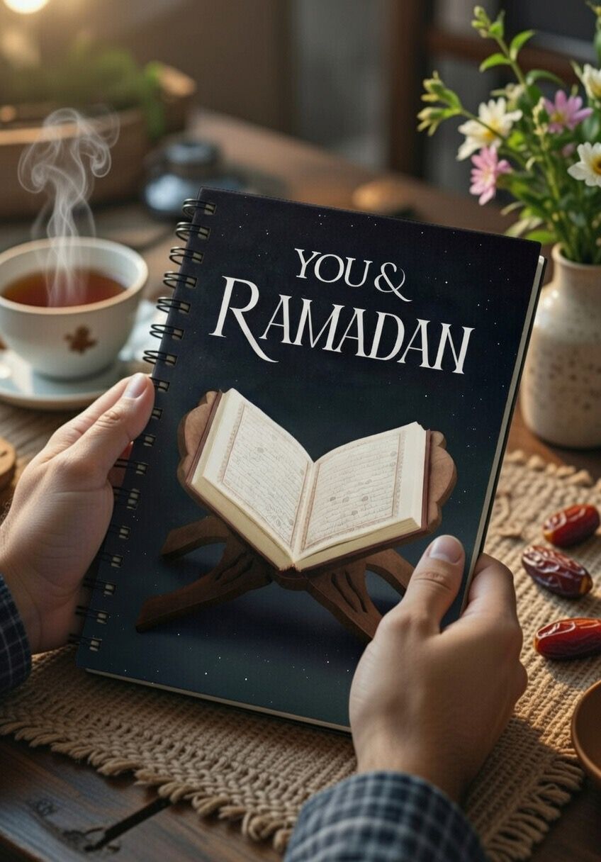 Levara Ramadan 2026 journal with open Quran design held by person with tea and flowers nearby