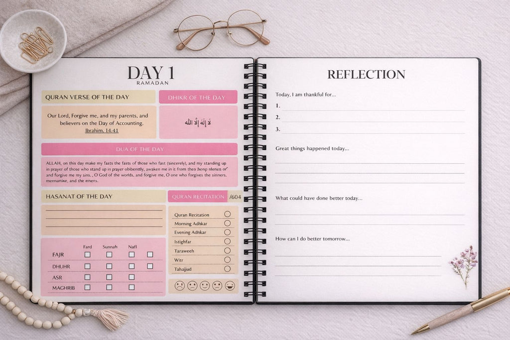 Levara Ramadan 2026 daily reflection and Quran verse journal open on a desk with glasses and pen