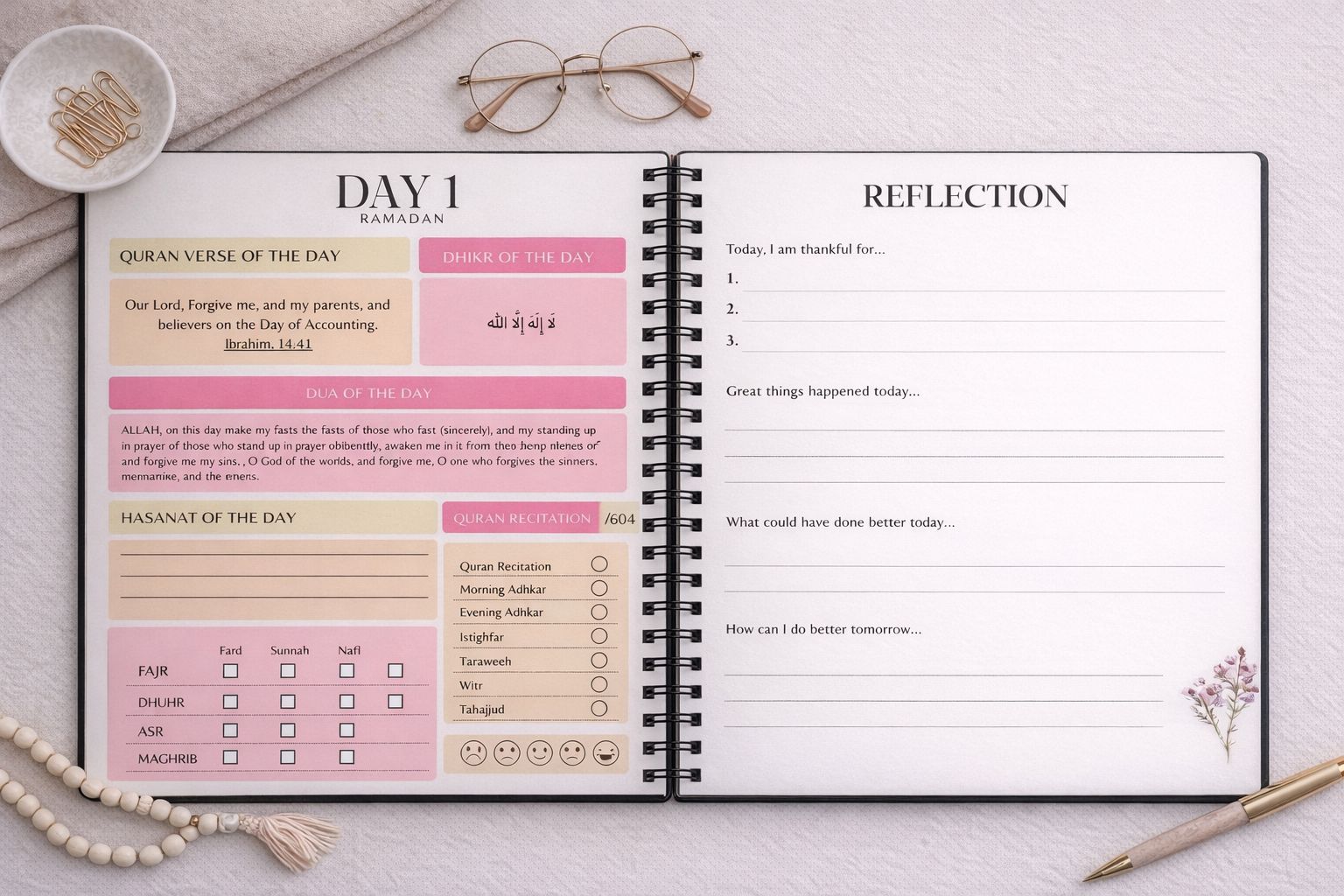 Levara Ramadan 2026 daily reflection and Quran verse journal open on a desk with glasses and pen