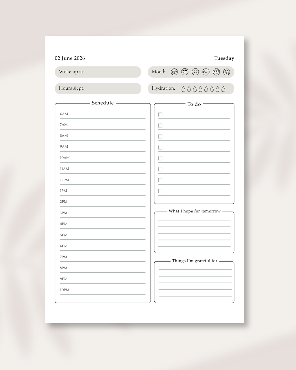 Daily planner sheet with time slots, to-do list, and other notes on a light background
