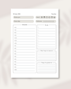 Daily planner sheet with time slots, to-do list, and other notes on a light background