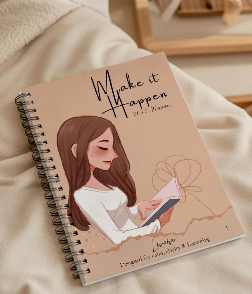 Levara student loan repayment planner notebook with Make It Happen cover design and illustrated woman reading